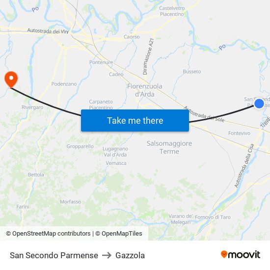 San Secondo Parmense to Gazzola map