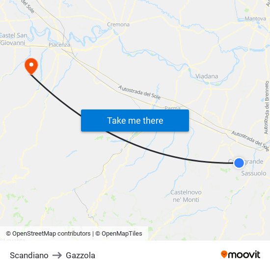 Scandiano to Gazzola map