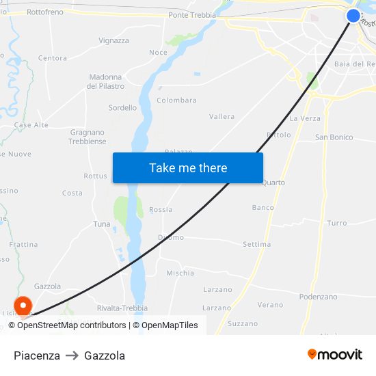 Piacenza to Gazzola map