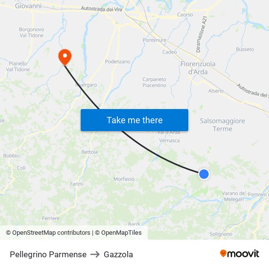 Pellegrino Parmense to Gazzola map