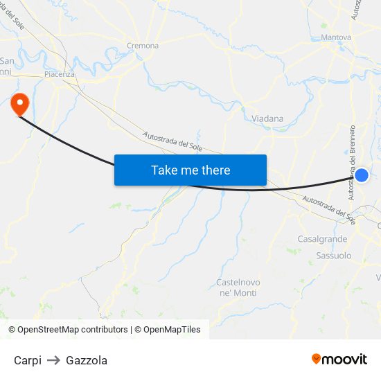 Carpi to Gazzola map