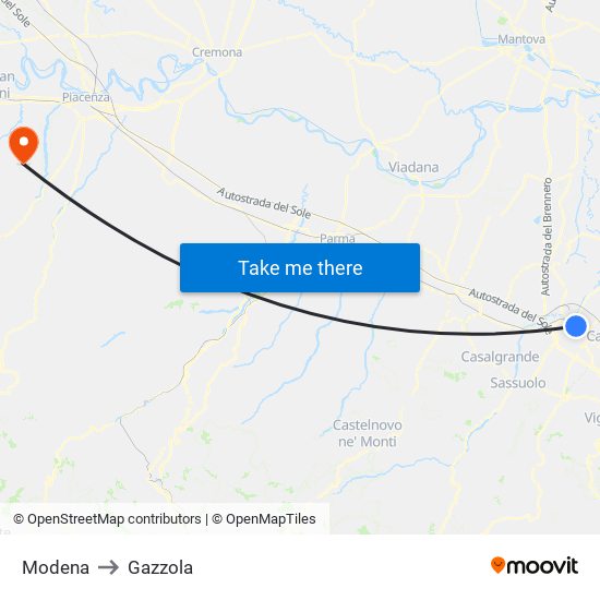 Modena to Gazzola map
