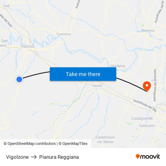 Vigolzone to Pianura Reggiana map