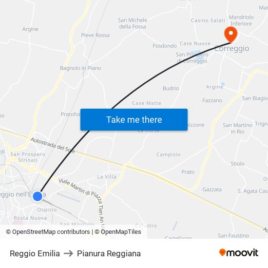 Reggio Emilia to Pianura Reggiana map