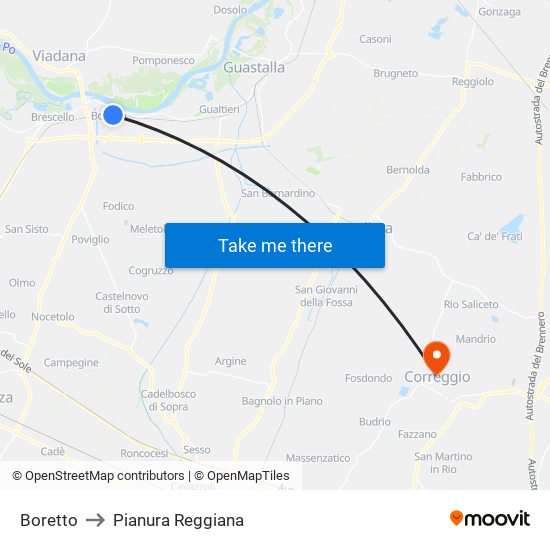 Boretto to Pianura Reggiana map