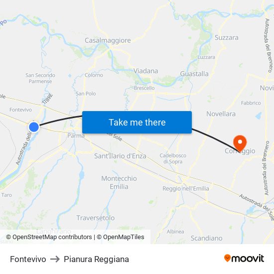 Fontevivo to Pianura Reggiana map