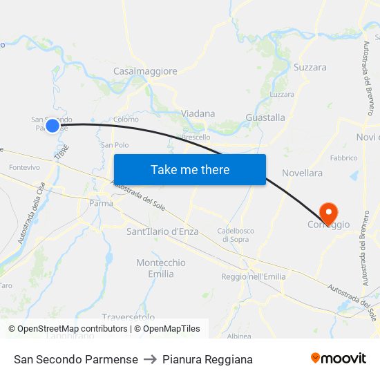 San Secondo Parmense to Pianura Reggiana map