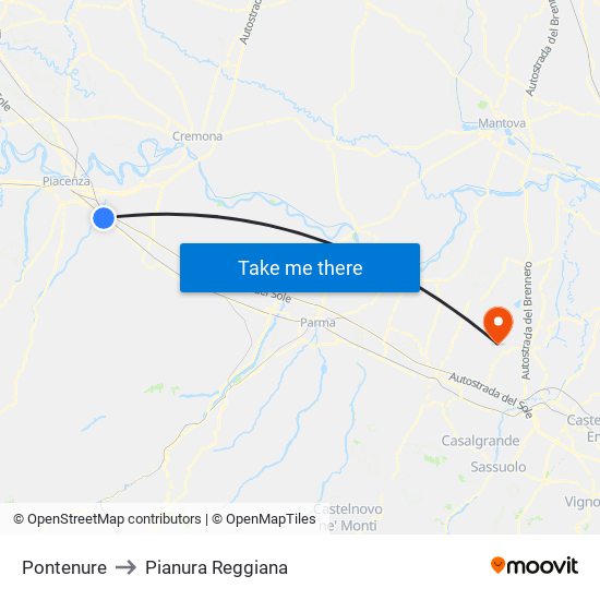 Pontenure to Pianura Reggiana map