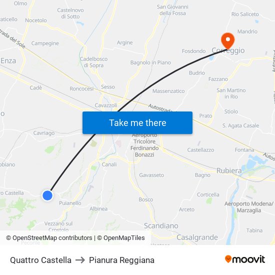 Quattro Castella to Pianura Reggiana map