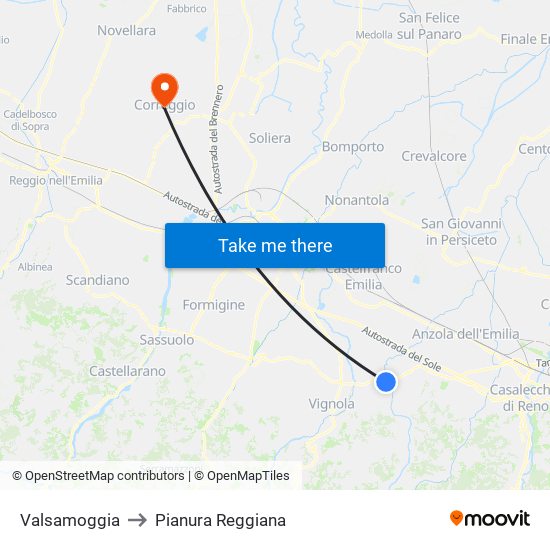 Valsamoggia to Pianura Reggiana map