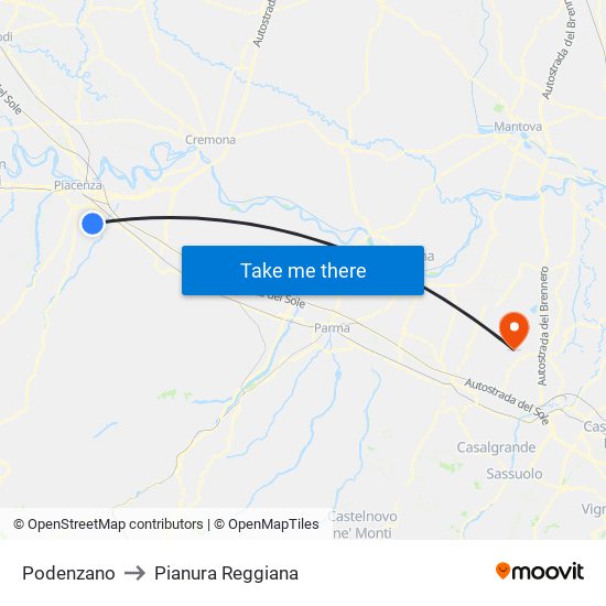 Podenzano to Pianura Reggiana map
