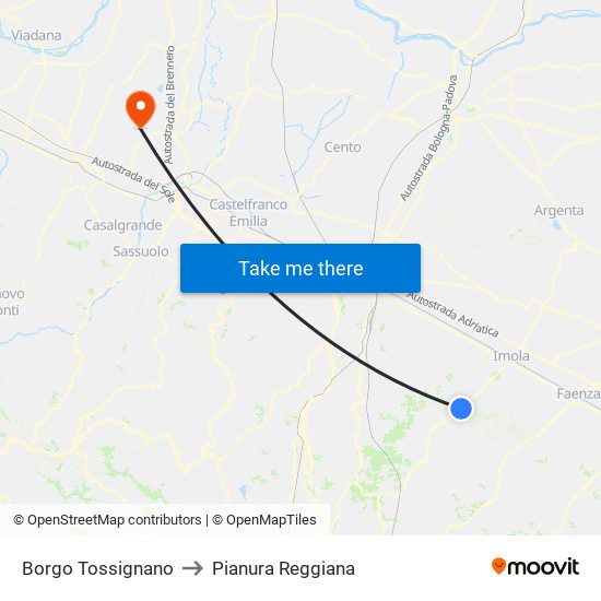 Borgo Tossignano to Pianura Reggiana map