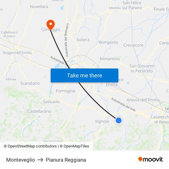 Monteveglio to Pianura Reggiana map