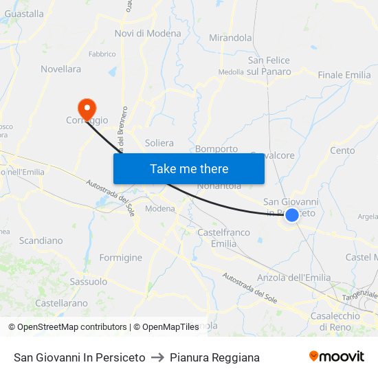 San Giovanni In Persiceto to Pianura Reggiana map