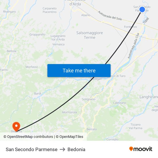 San Secondo Parmense to Bedonia map