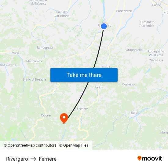 Rivergaro to Ferriere map