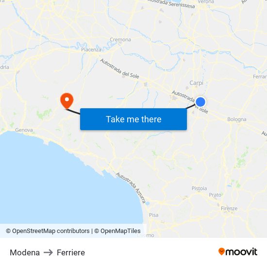 Modena to Ferriere map