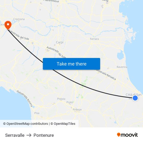 Serravalle to Pontenure map