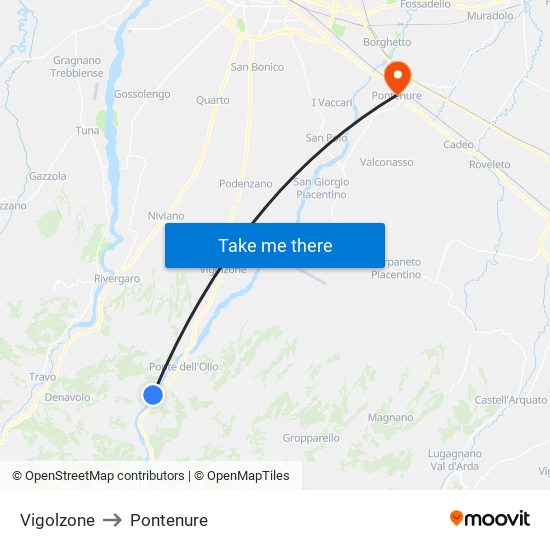Vigolzone to Pontenure map