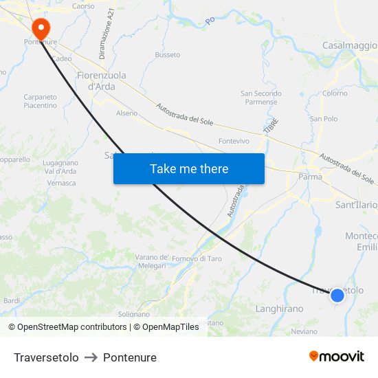 Traversetolo to Pontenure map