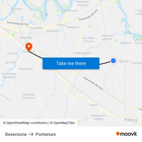 Besenzone to Pontenure map