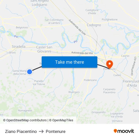 Ziano Piacentino to Pontenure map