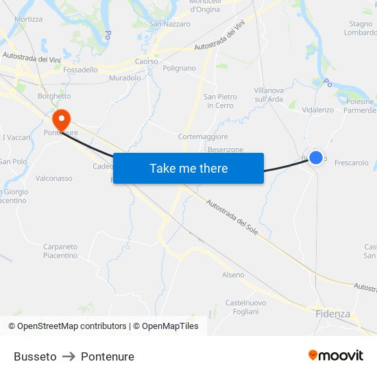 Busseto to Pontenure map
