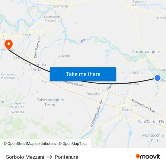 Sorbolo Mezzani to Pontenure map