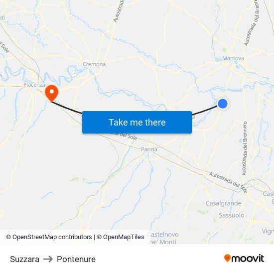 Suzzara to Pontenure map