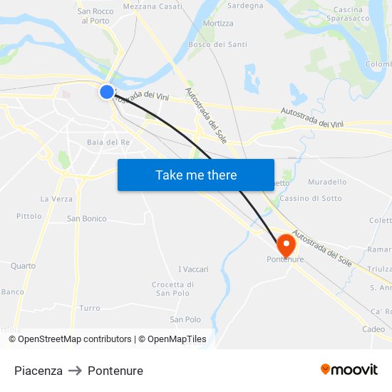 Piacenza to Pontenure map