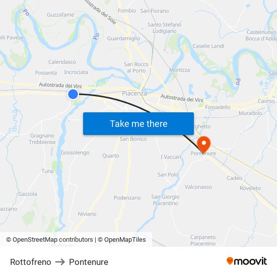 Rottofreno to Pontenure map