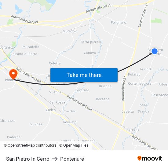 San Pietro In Cerro to Pontenure map
