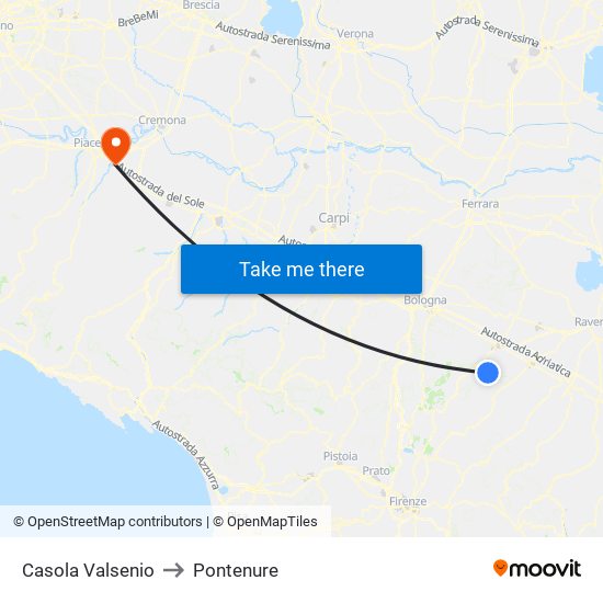 Casola Valsenio to Pontenure map