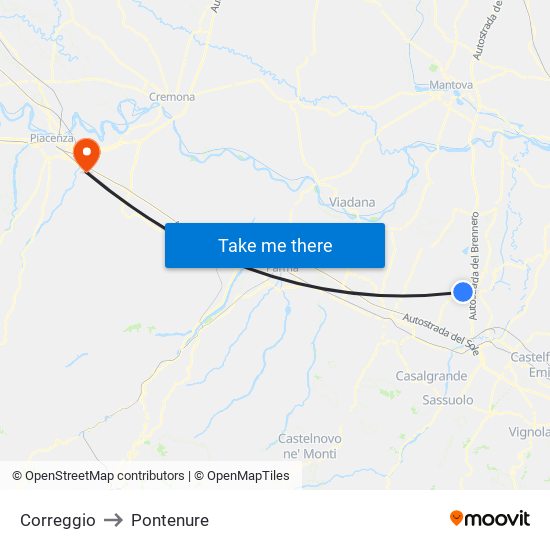 Correggio to Pontenure map