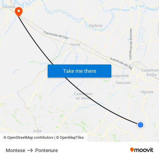 Montese to Pontenure map