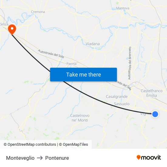 Monteveglio to Pontenure map