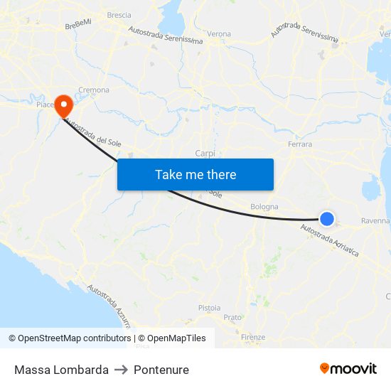 Massa Lombarda to Pontenure map