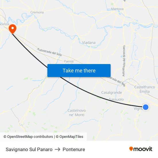 Savignano Sul Panaro to Pontenure map