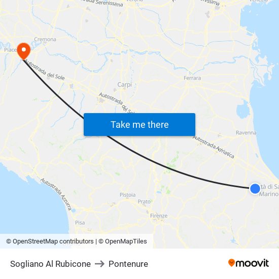 Sogliano Al Rubicone to Pontenure map