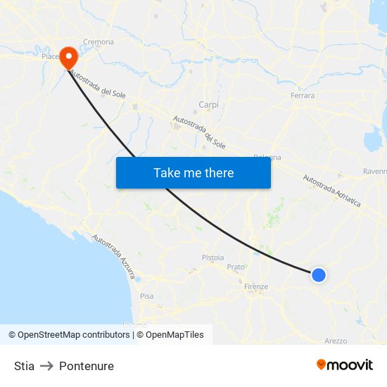 Stia to Pontenure map