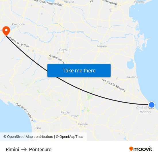 Rimini to Pontenure map