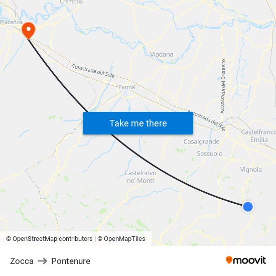 Zocca to Pontenure map