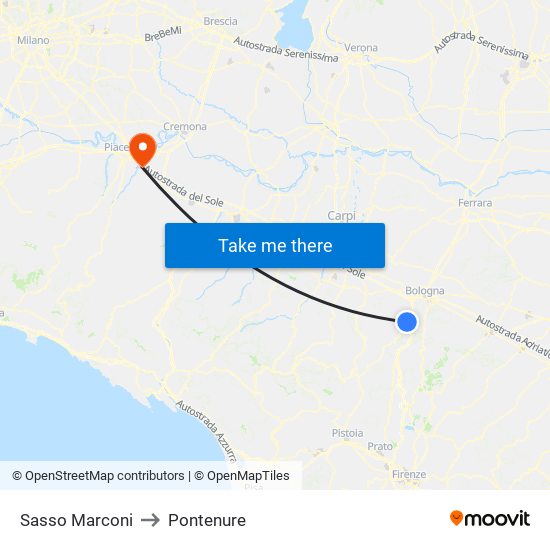 Sasso Marconi to Pontenure map