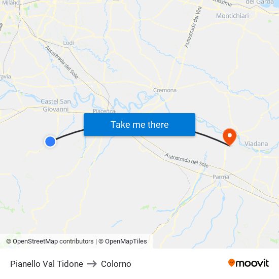 Pianello Val Tidone to Colorno map