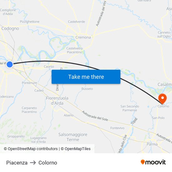 Piacenza to Colorno map