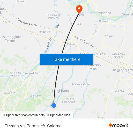 Tizzano Val Parma to Colorno map