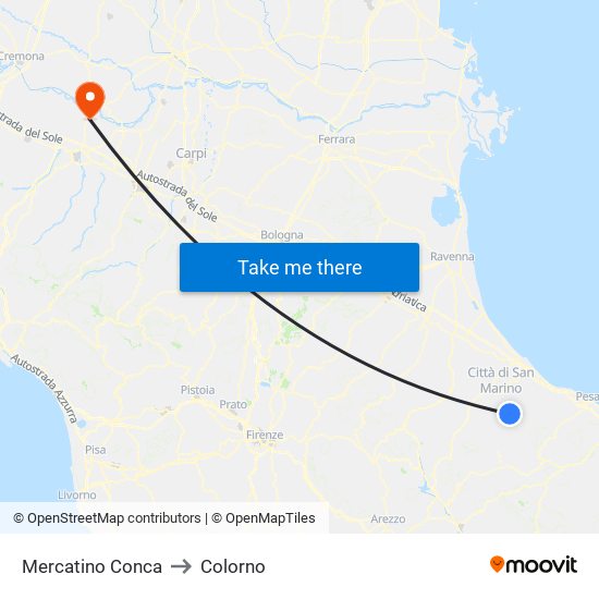 Mercatino Conca to Colorno map