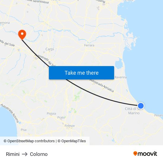 Rimini to Colorno map