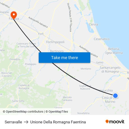 Serravalle to Unione Della Romagna Faentina map