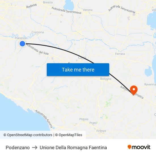 Podenzano to Unione Della Romagna Faentina map